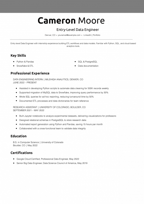 Entry-Level Data Engineer Resume Example