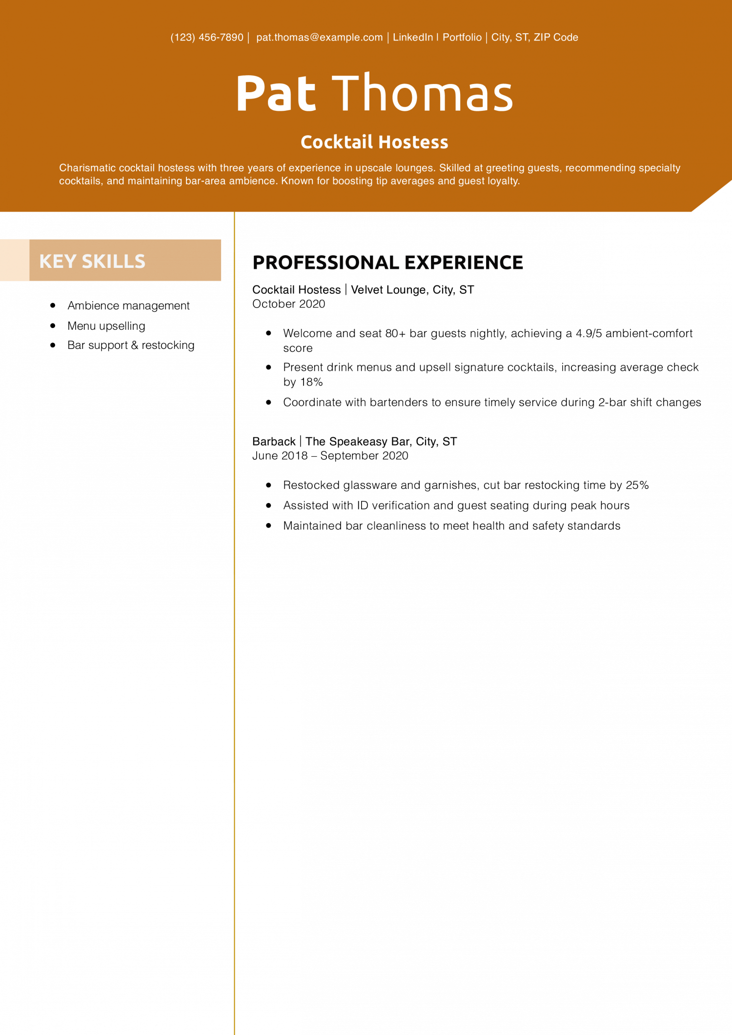 Cocktail Hostess Resume Example
