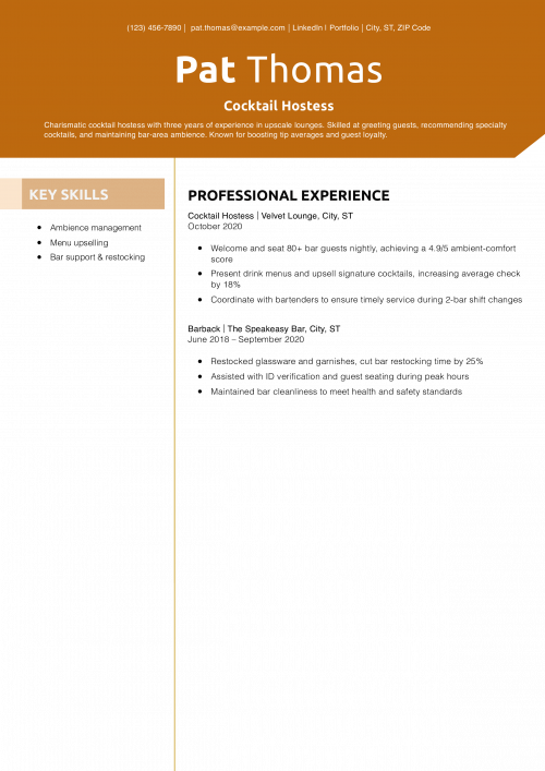 Cocktail Hostess Resume Example
