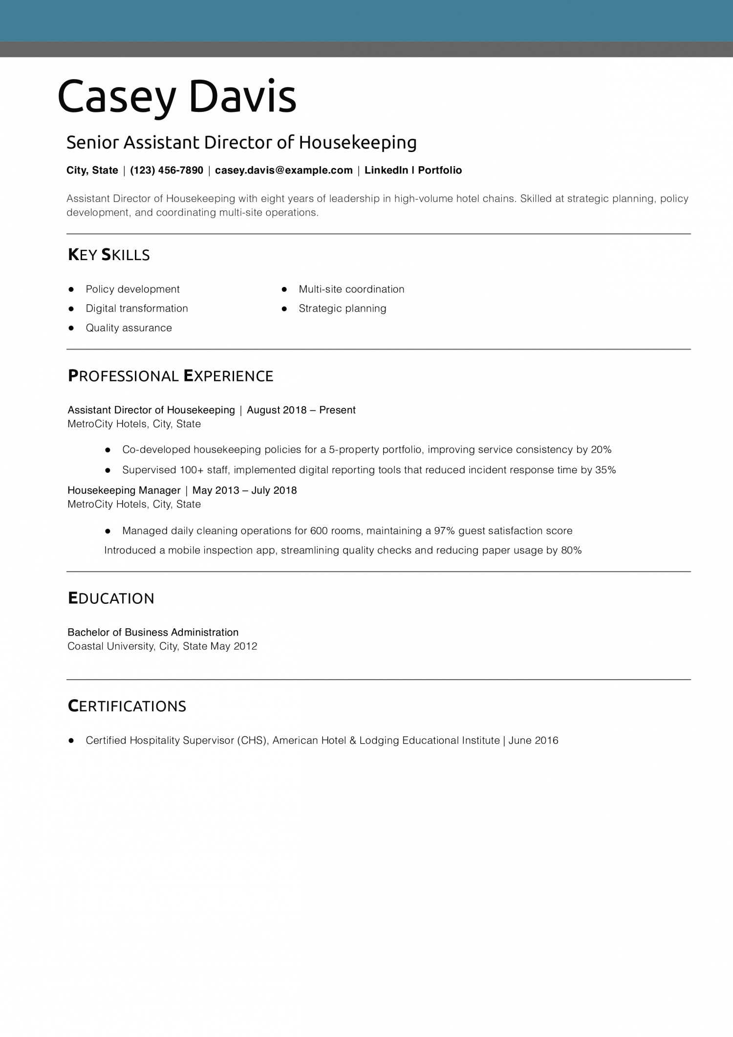 Senior Assistant Director of Housekeeping Resume Example