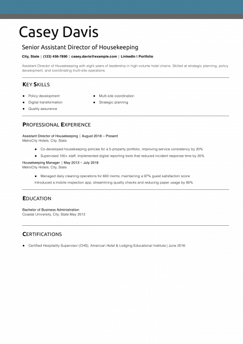 Senior Assistant Director of Housekeeping Resume Example