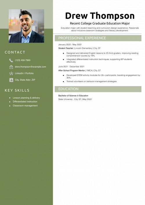 Recent College Graduate Education Major Resume Example 