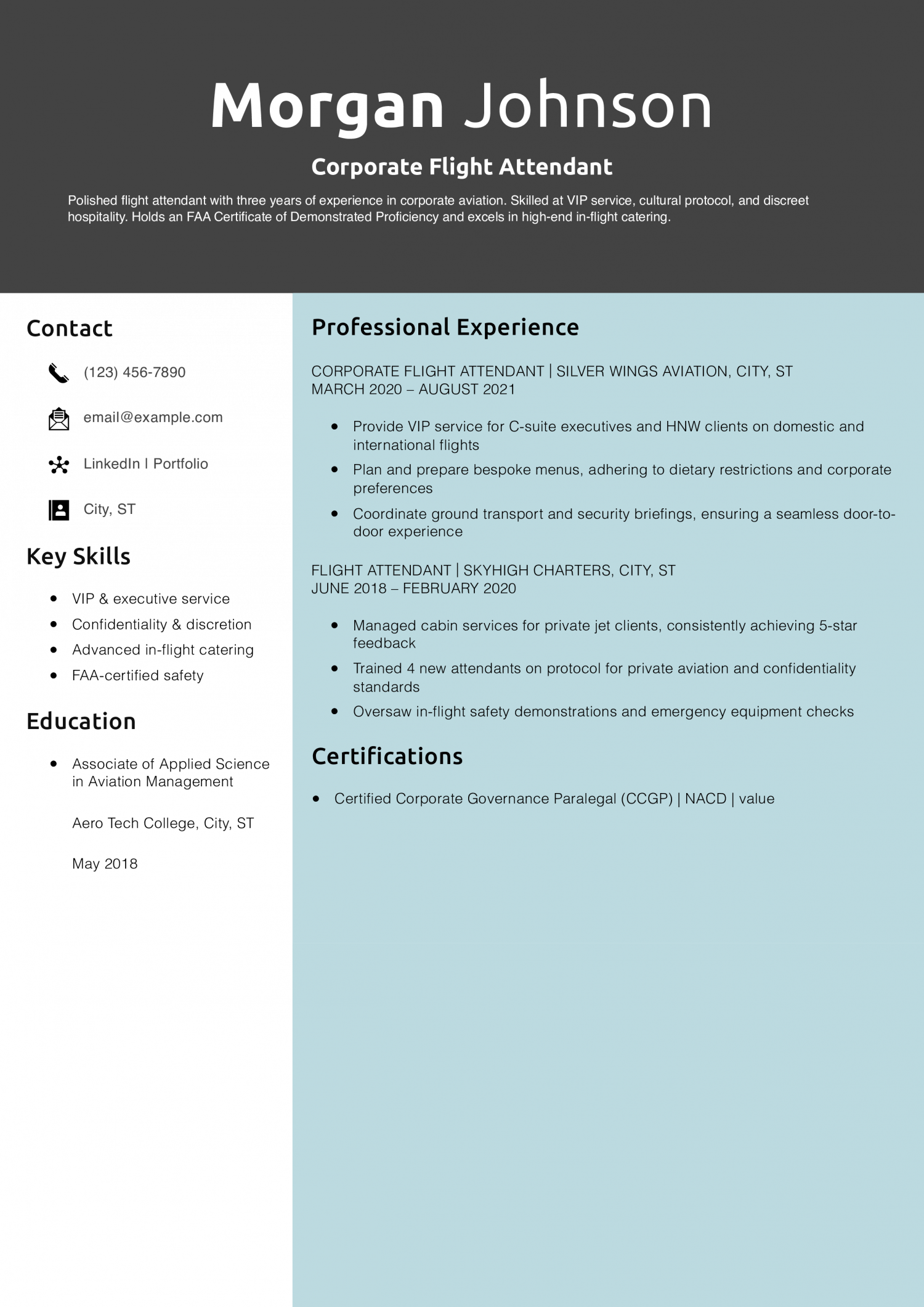 Corporate Flight Attendant Resume Example