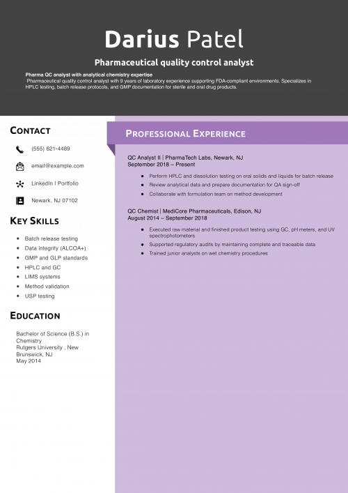 Pharmaceutical quality control analyst resume