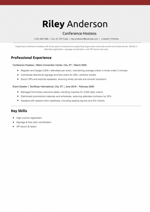 Conference Hostess Resume Example