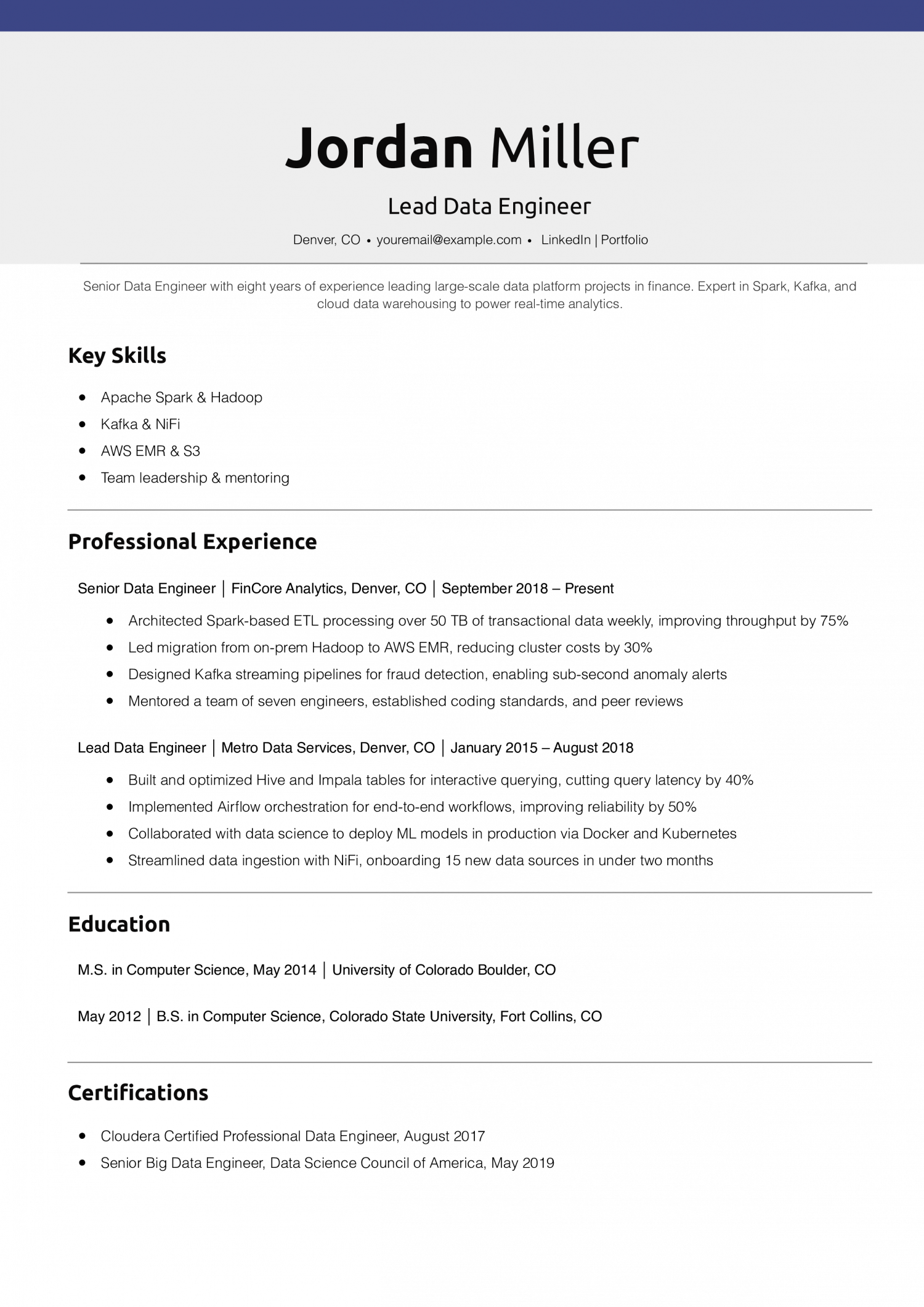 Lead Data Engineer Resume Example