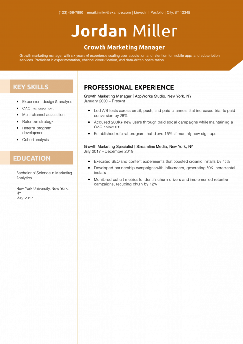 Growth Marketing Manager Resume Example