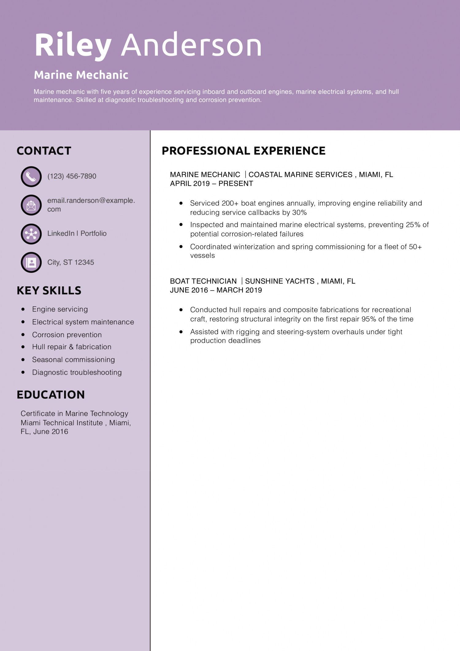 Marine Mechanic Resume Example