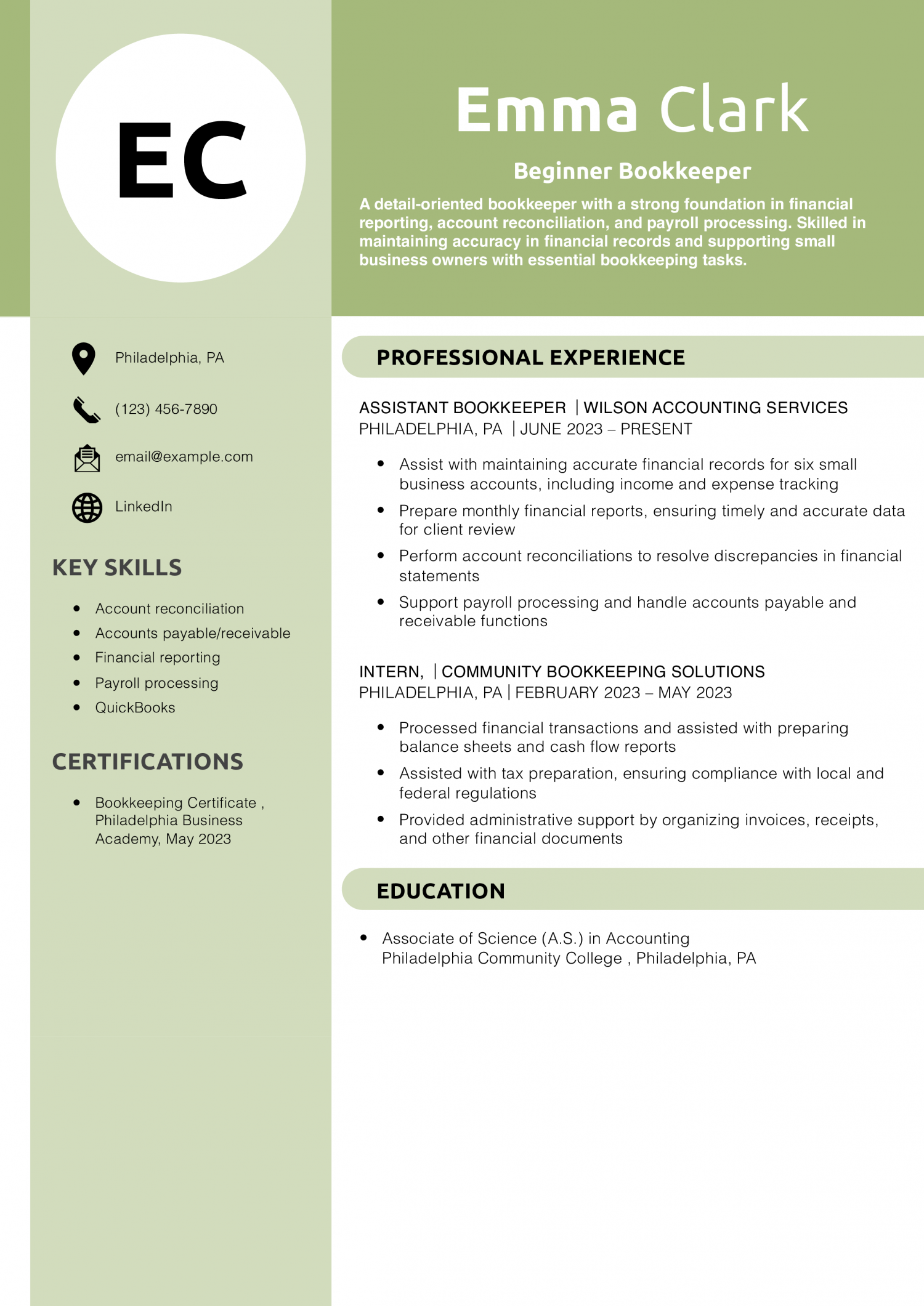 Beginner Bookkeeper Resume Example 