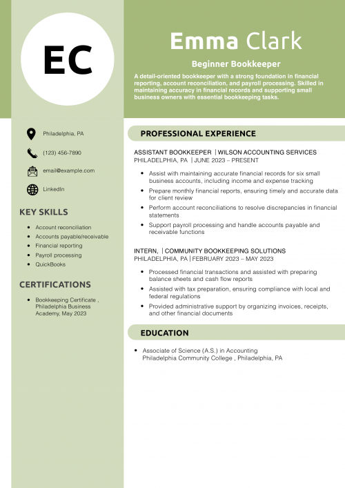 Beginner Bookkeeper Resume Example 