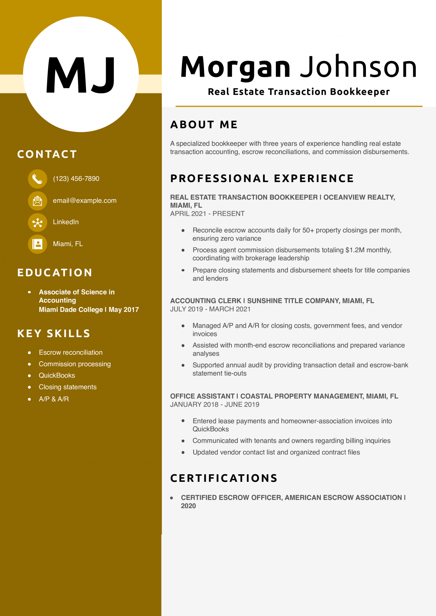 Real Estate Transaction Bookkeeper Resume Example 