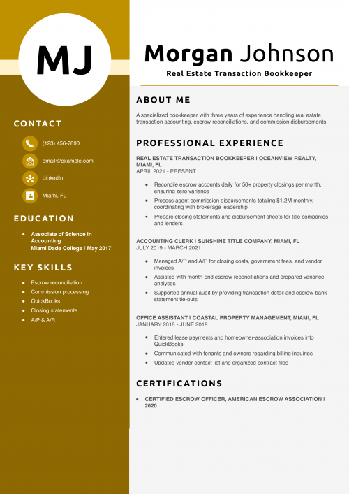 Real Estate Transaction Bookkeeper Resume Example 