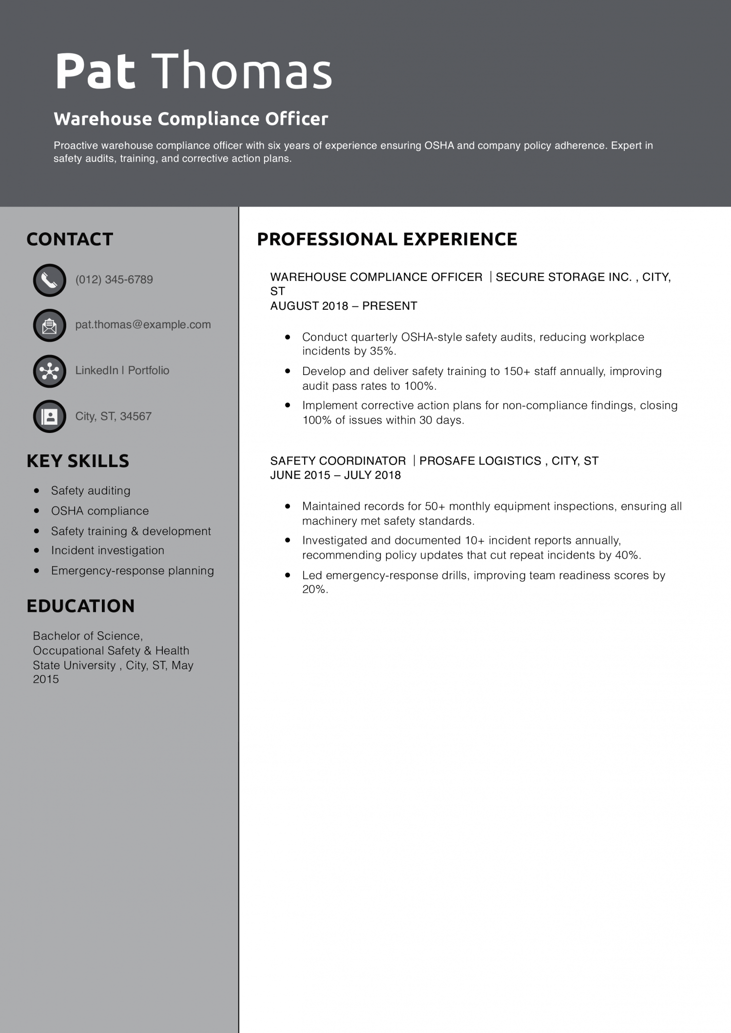 Warehouse Compliance Officer Resume Example