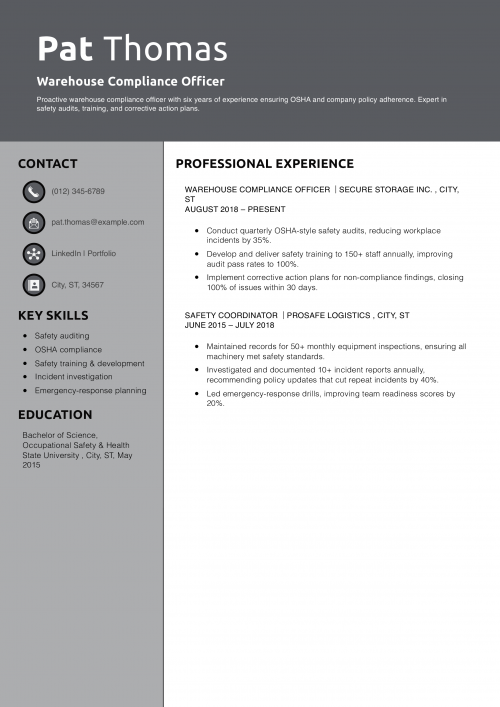 Warehouse Compliance Officer Resume Example 