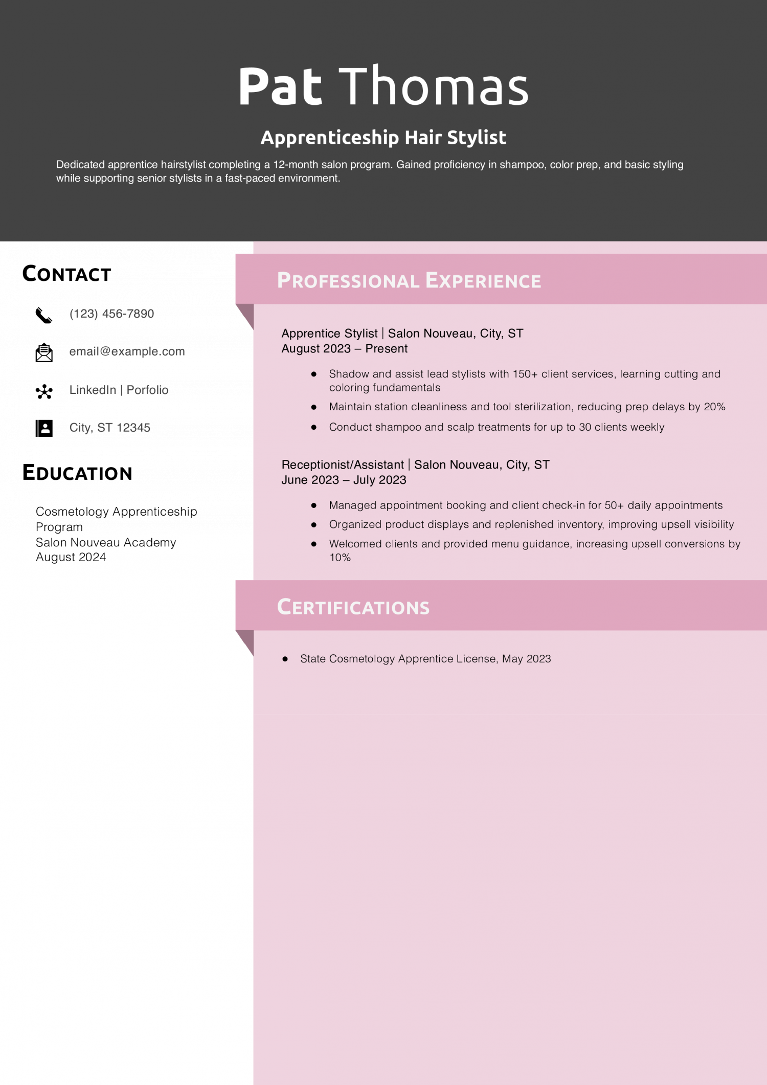 Apprenticeship Hair Stylist Resume Example