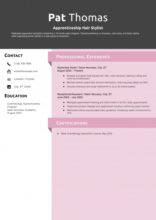 Apprenticeship Hair Stylist Resume Example
