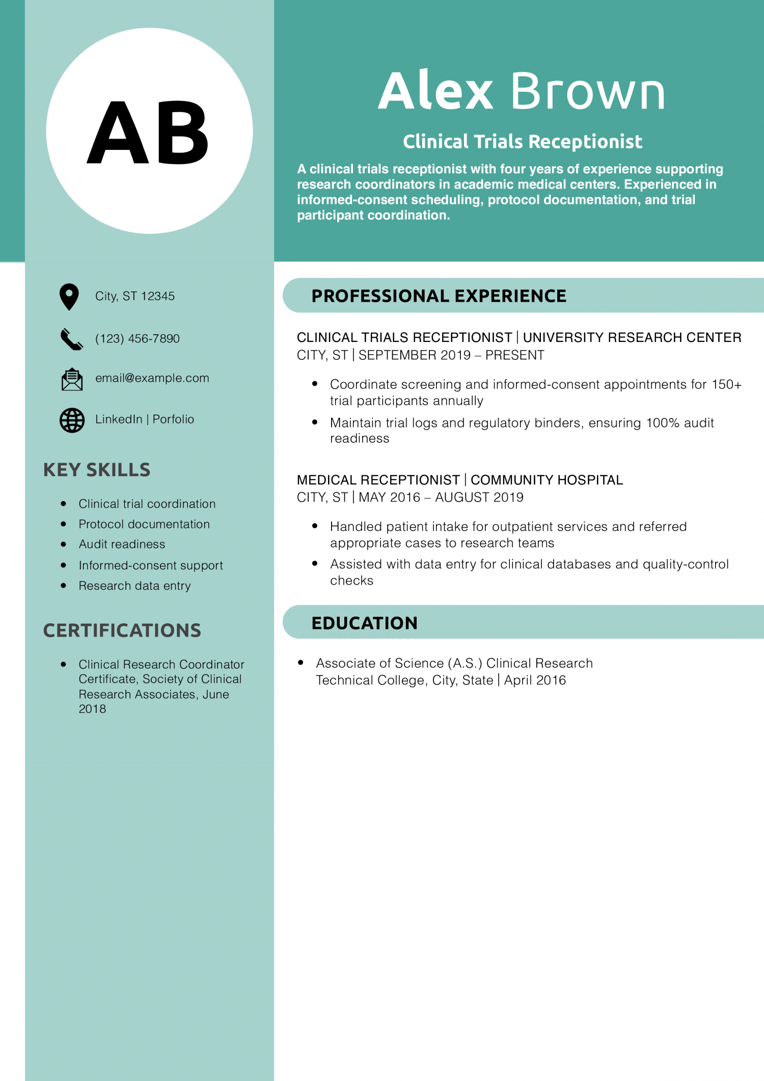 Clinical Trials Receptionist Resume Example