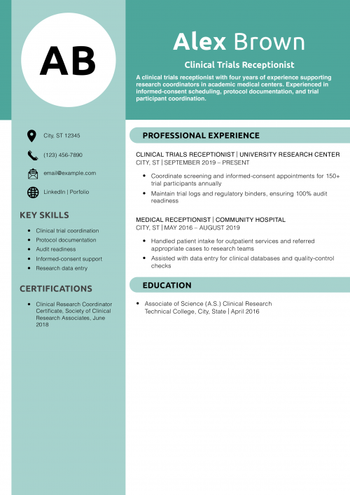 Clinical Trials Receptionist Resume Example