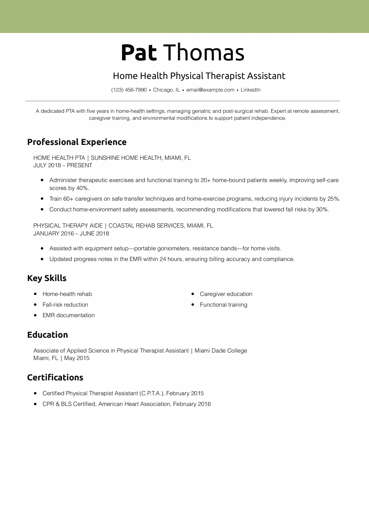 Home Health Physical Therapist Assistant Resume Example