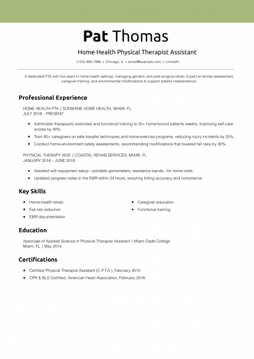 Home Health Physical Therapist Assistant Resume Example
