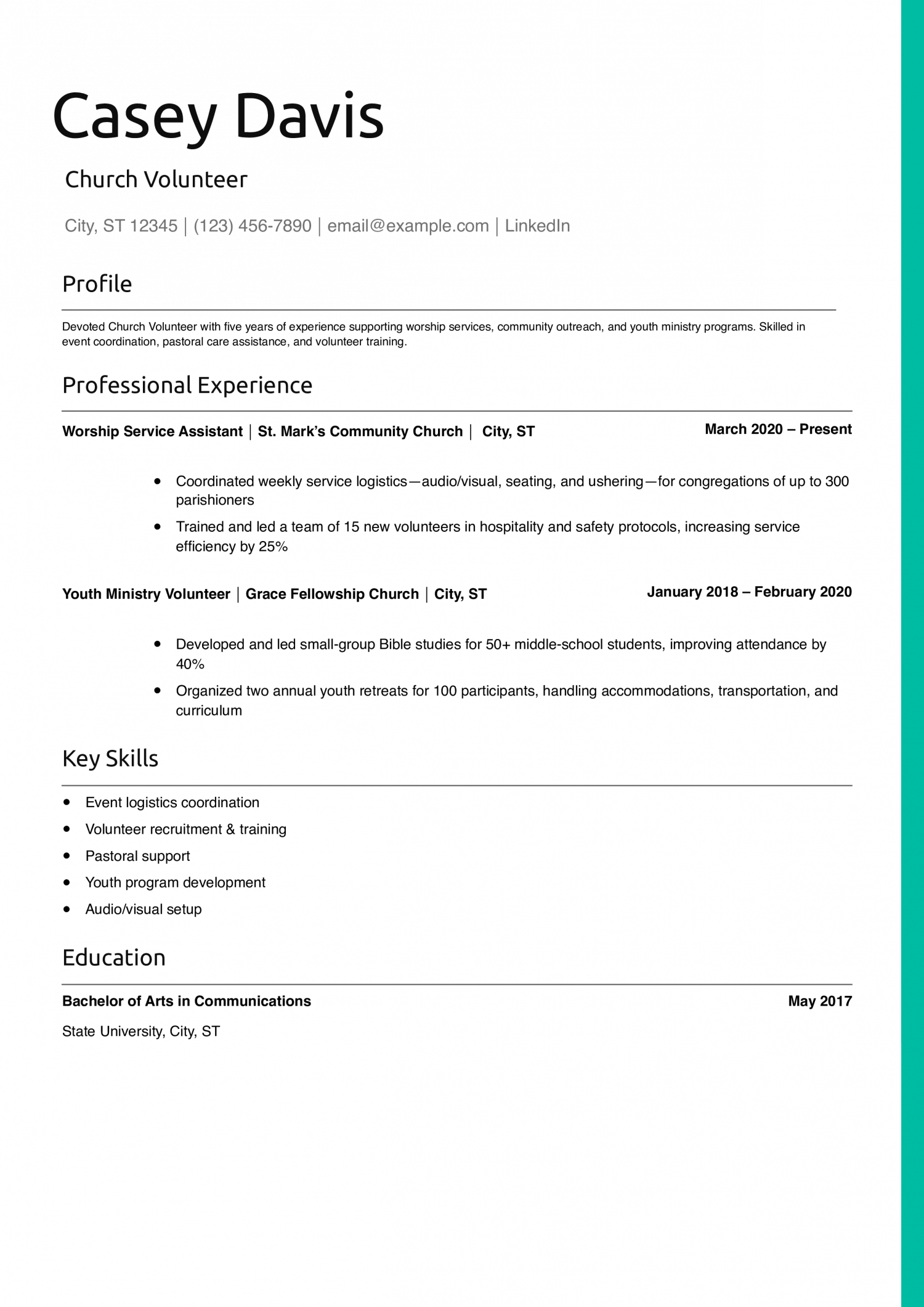 Church Volunteer Resume Example