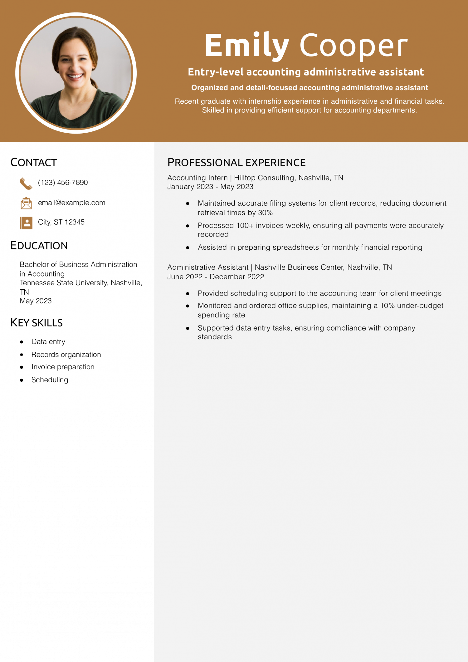 Entry-level accounting administrative assistant resume example