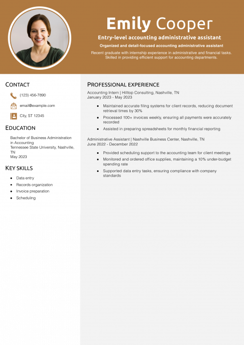 Entry-level accounting administrative assistant resume example