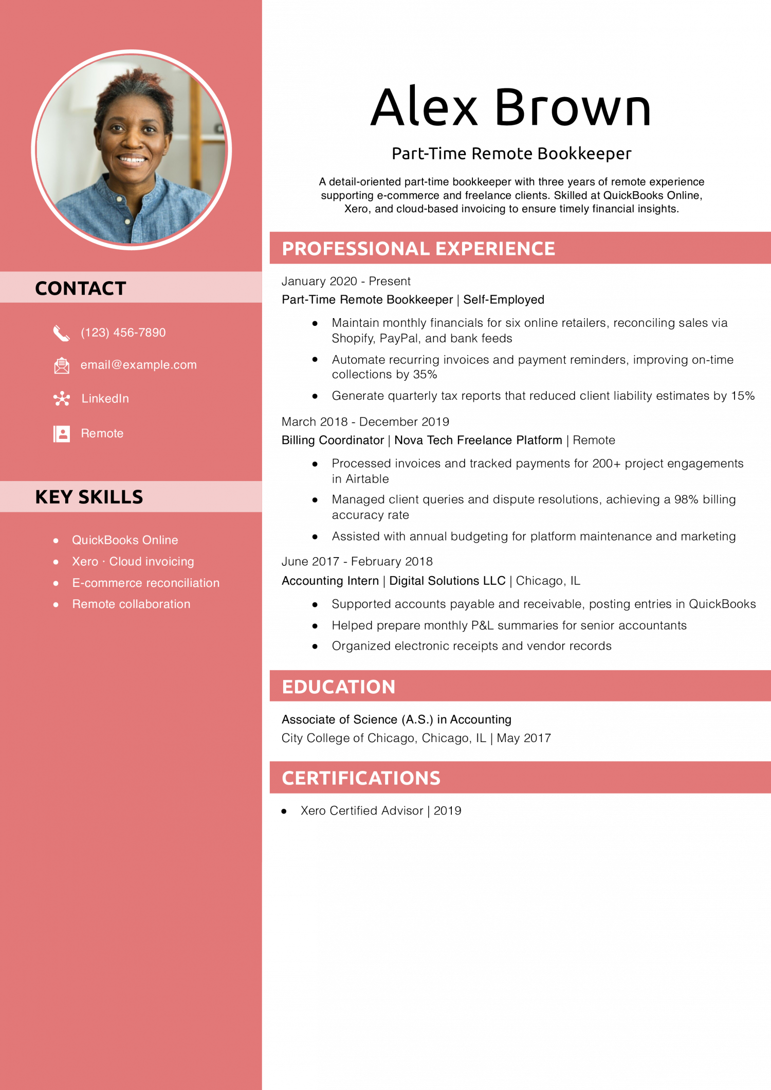 Part-Time Remote Bookkeeper Resume Example 
