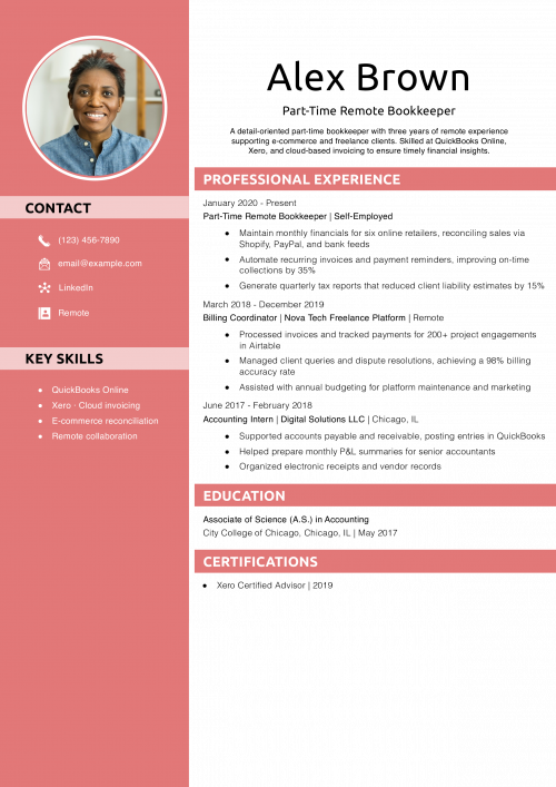 Part-Time Remote Bookkeeper Resume Example 