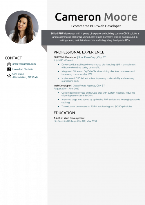 Ecommerce PHP Web Developer Resume Example