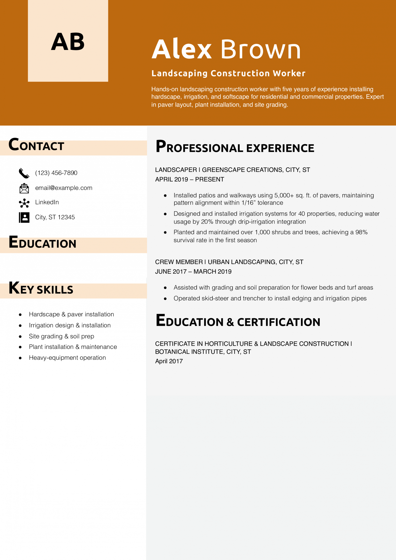 Landscaping Construction Worker Resume Example