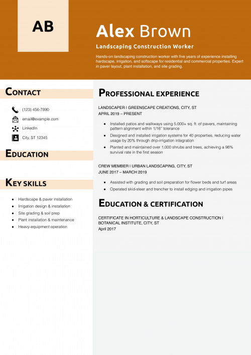 Landscaping Construction Worker Resume Example