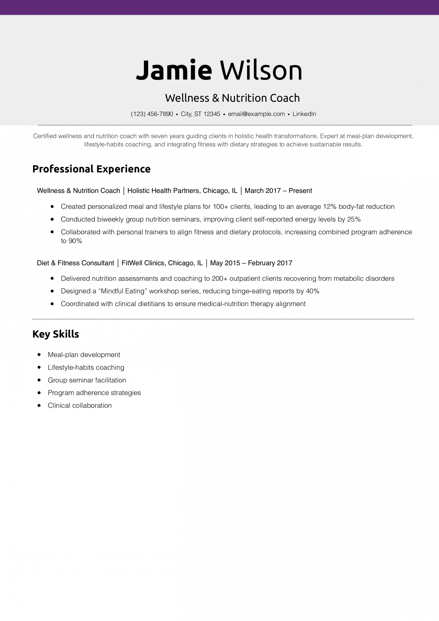 Wellness & Nutrition Coach Resume Example