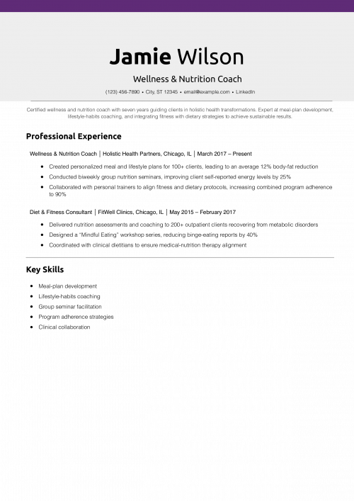 Wellness & Nutrition Coach Resume Example