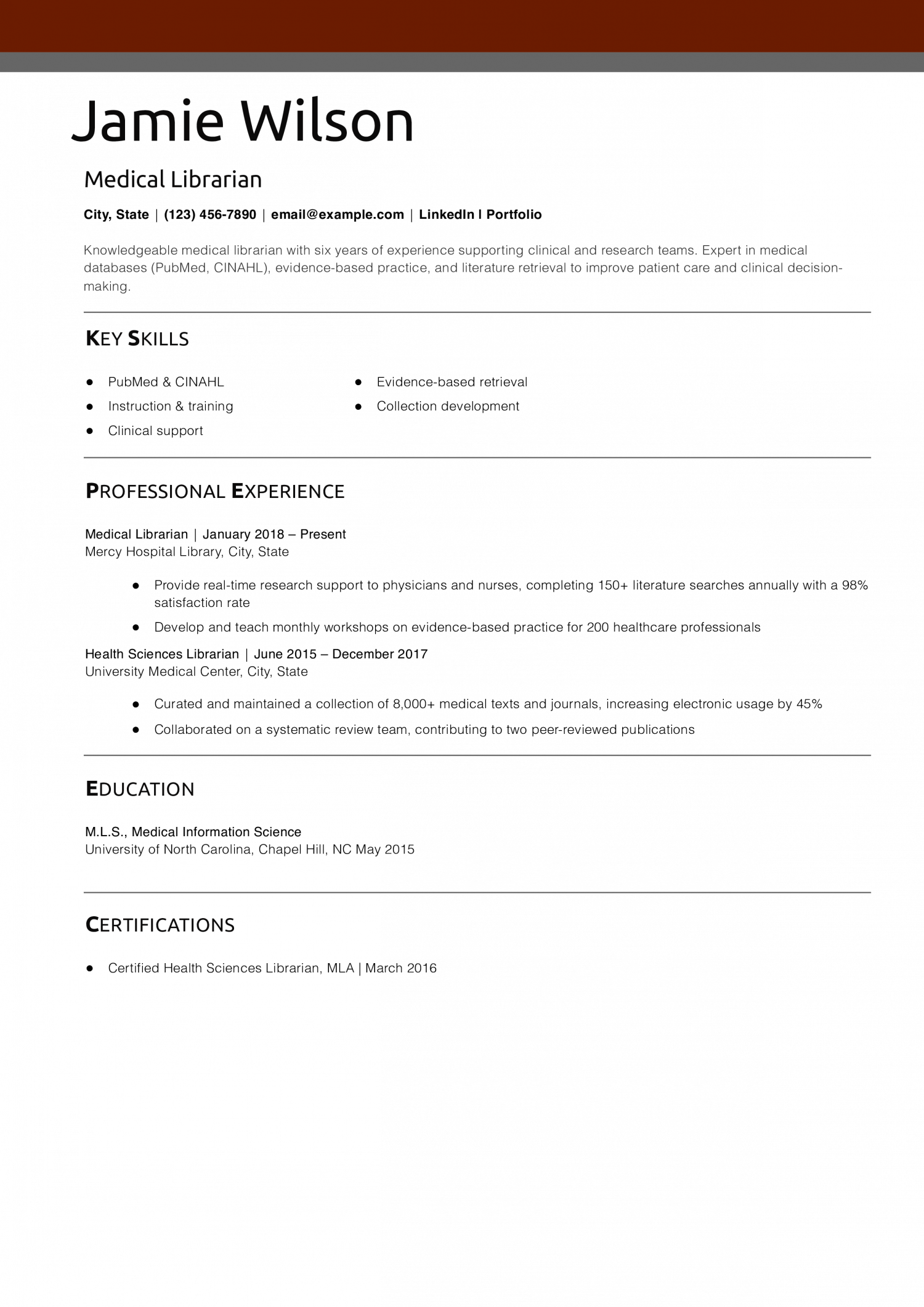 Medical Librarian Resume Example