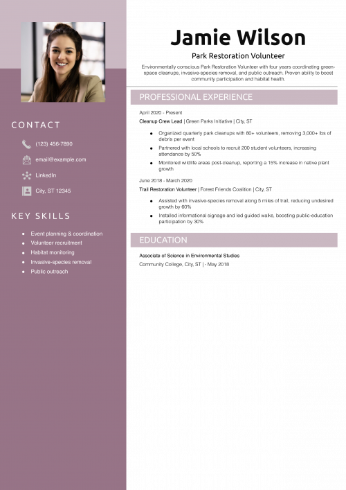 Park Restoration Volunteer Resume Example