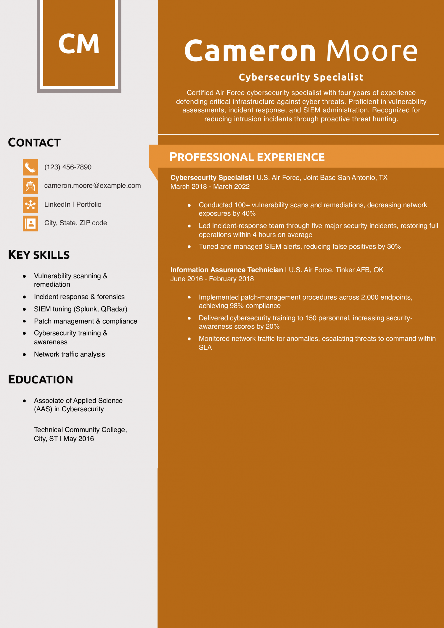 Cybersecurity Specialist Resume Example 