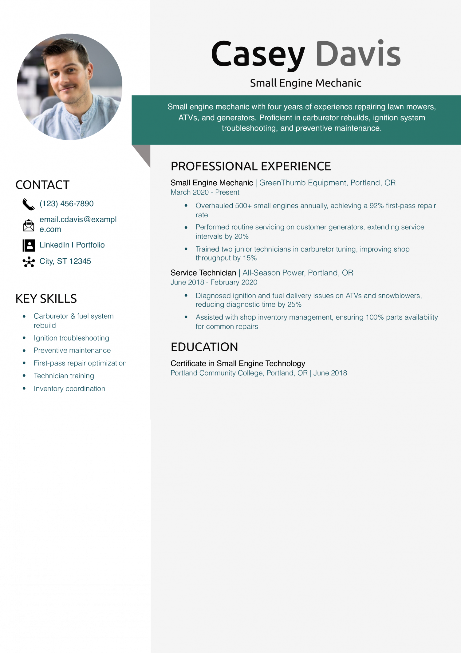 Small Engine Mechanic Resume Example