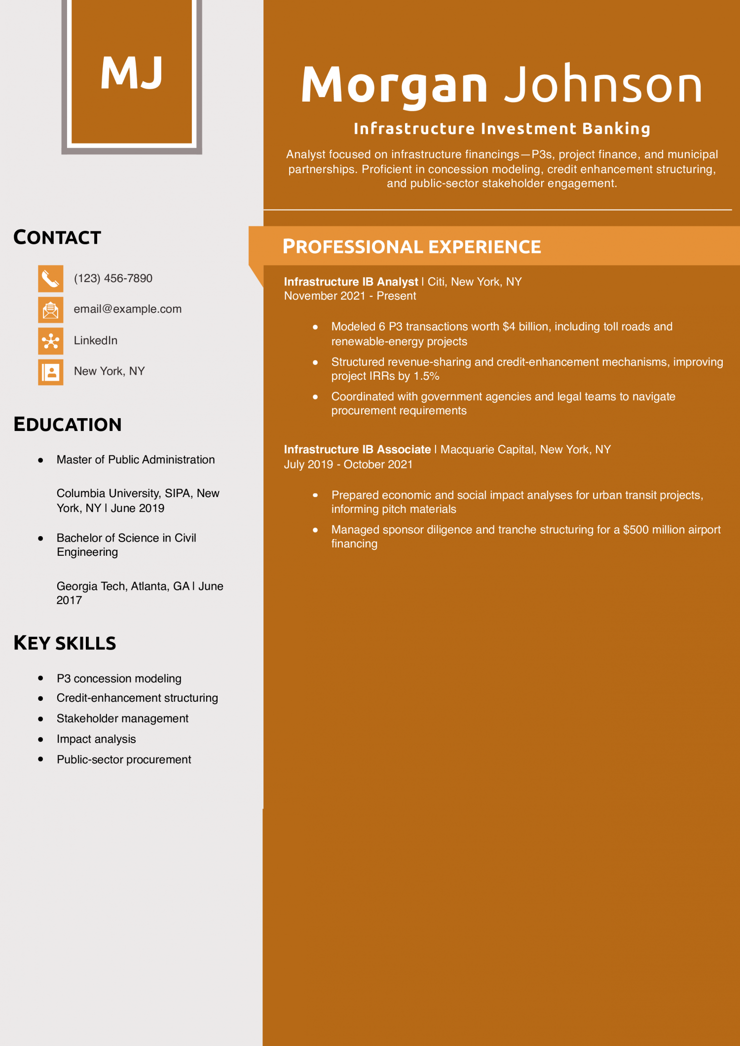 Infrastructure Investment Banking Resume Example