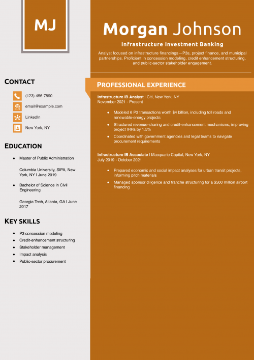 Infrastructure Investment Banking Resume Example