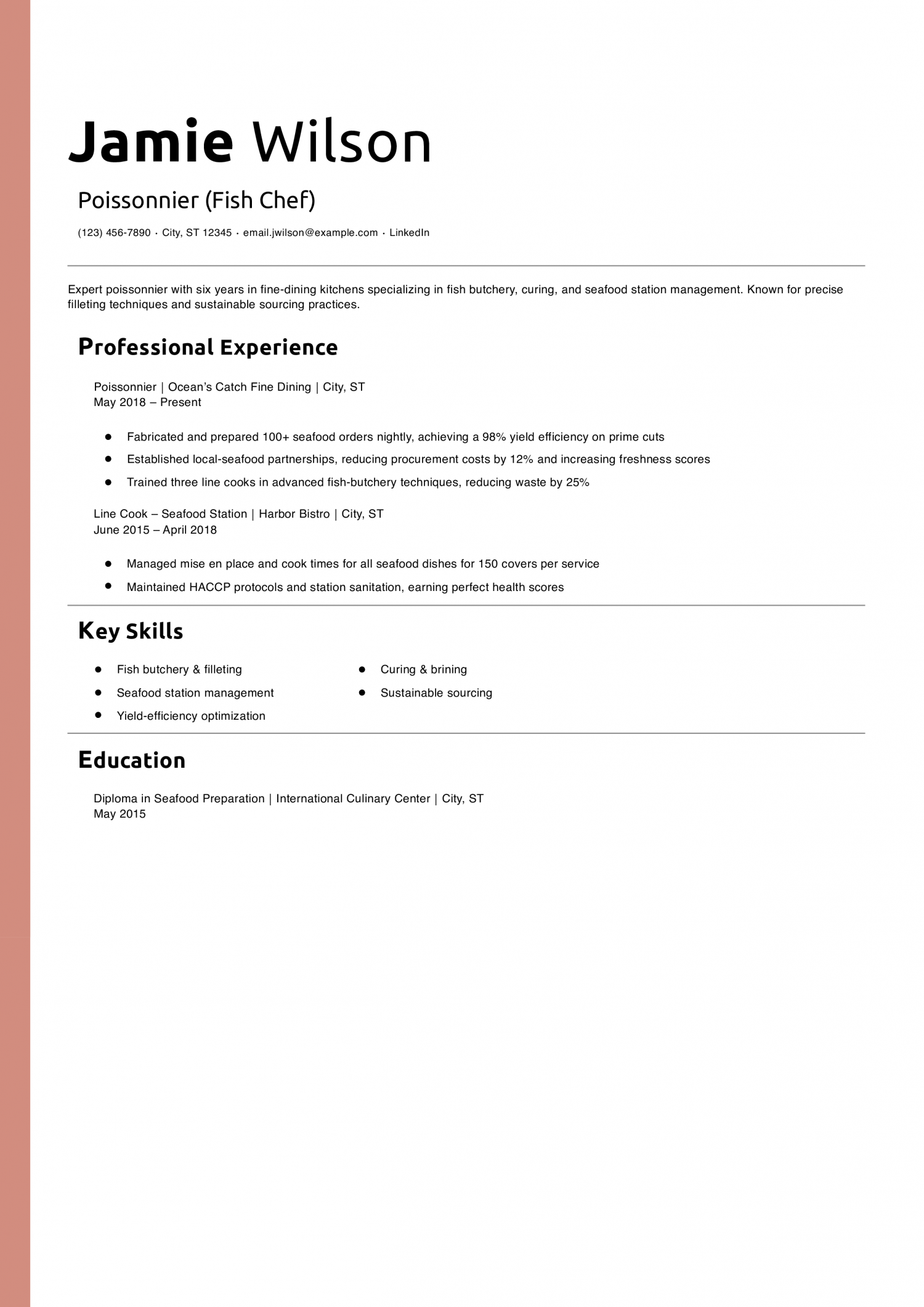 Poissonnier (Fish Chef) Resume Example