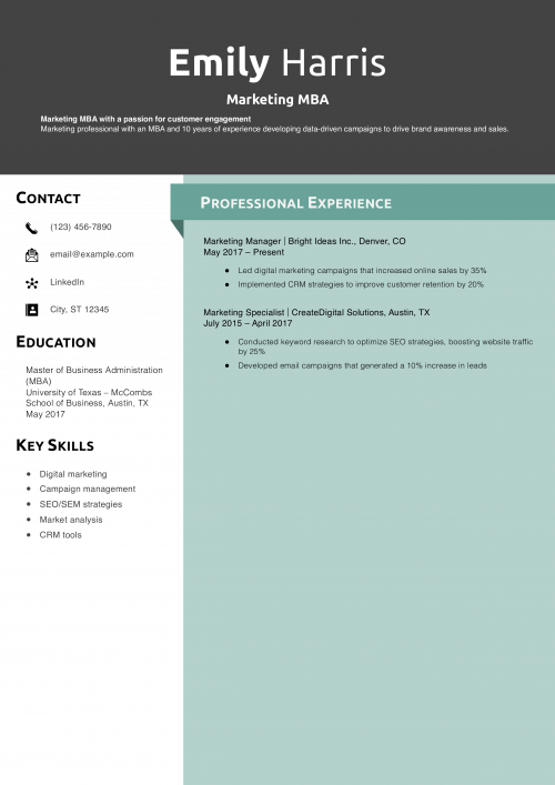 Marketing MBA resume example
