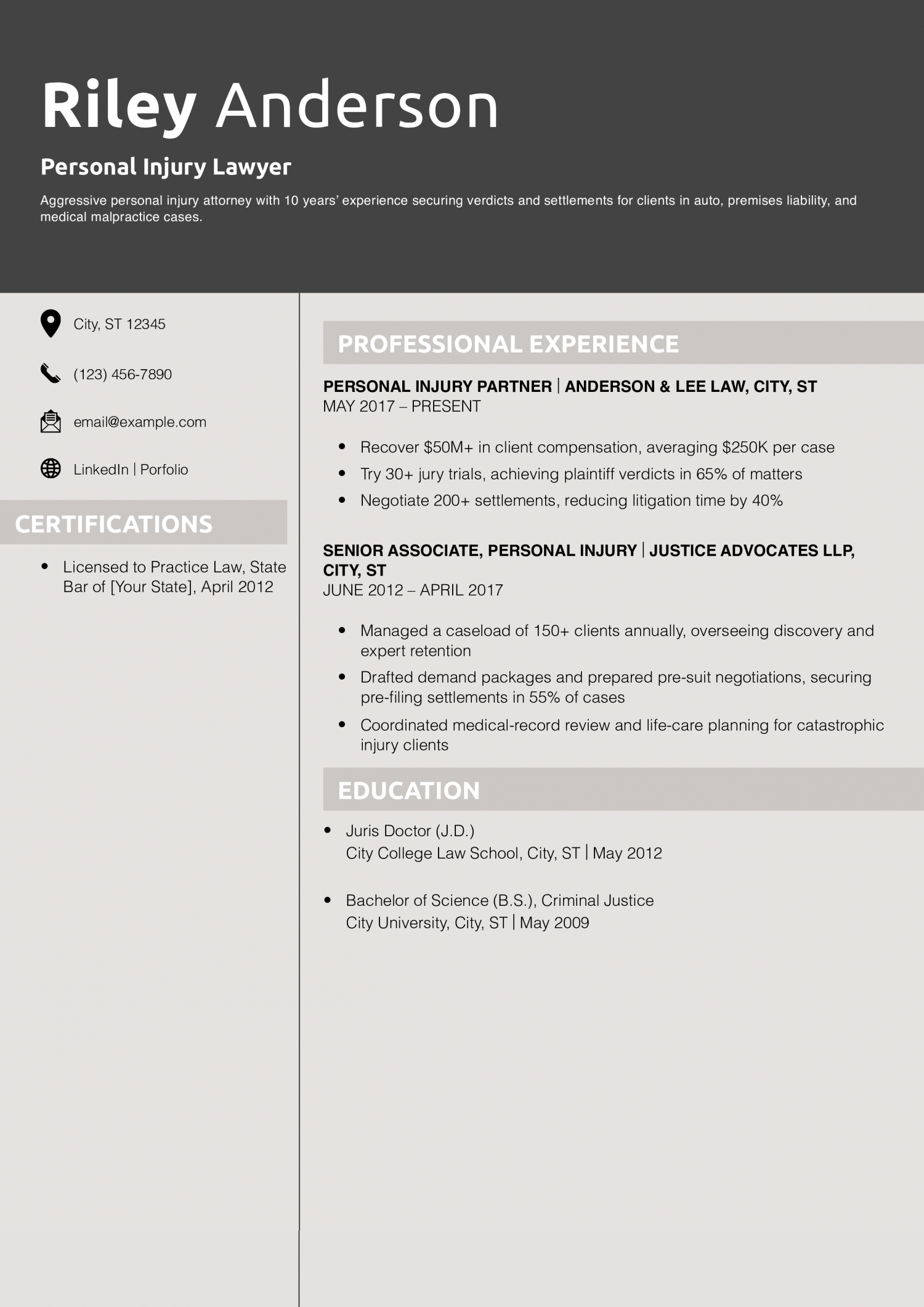Personal Injury Lawyer Resume Example