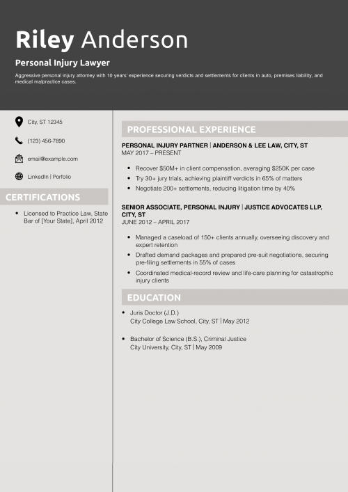Personal Injury Lawyer Resume Example