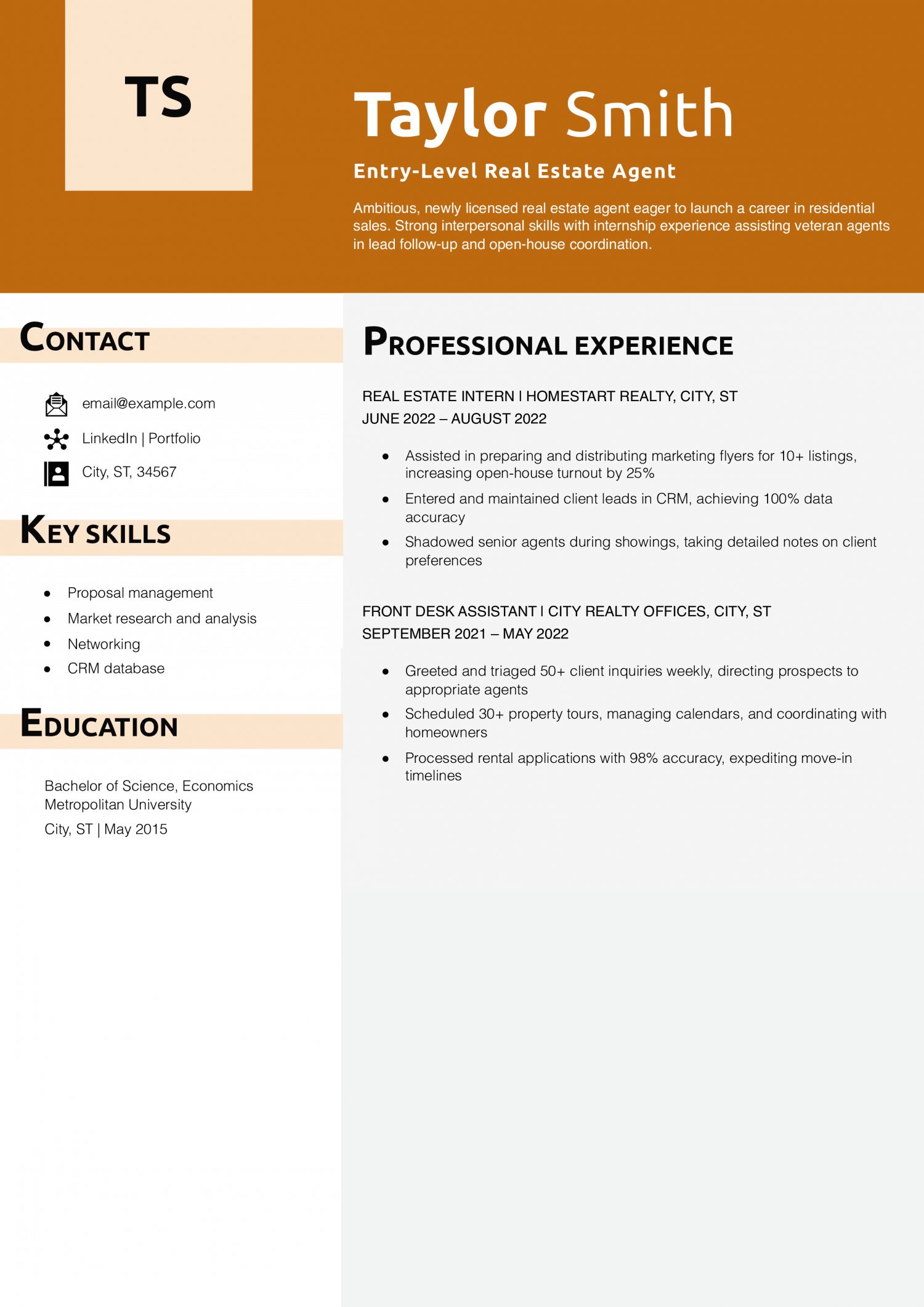 Entry-Level Real Estate Agent Resume Example