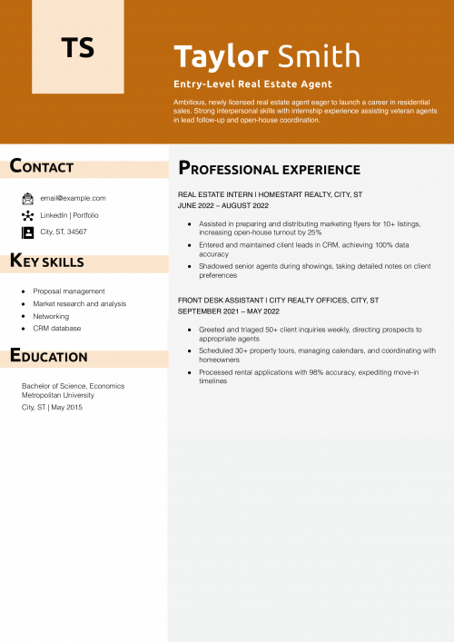 Entry-Level Real Estate Agent Resume Example