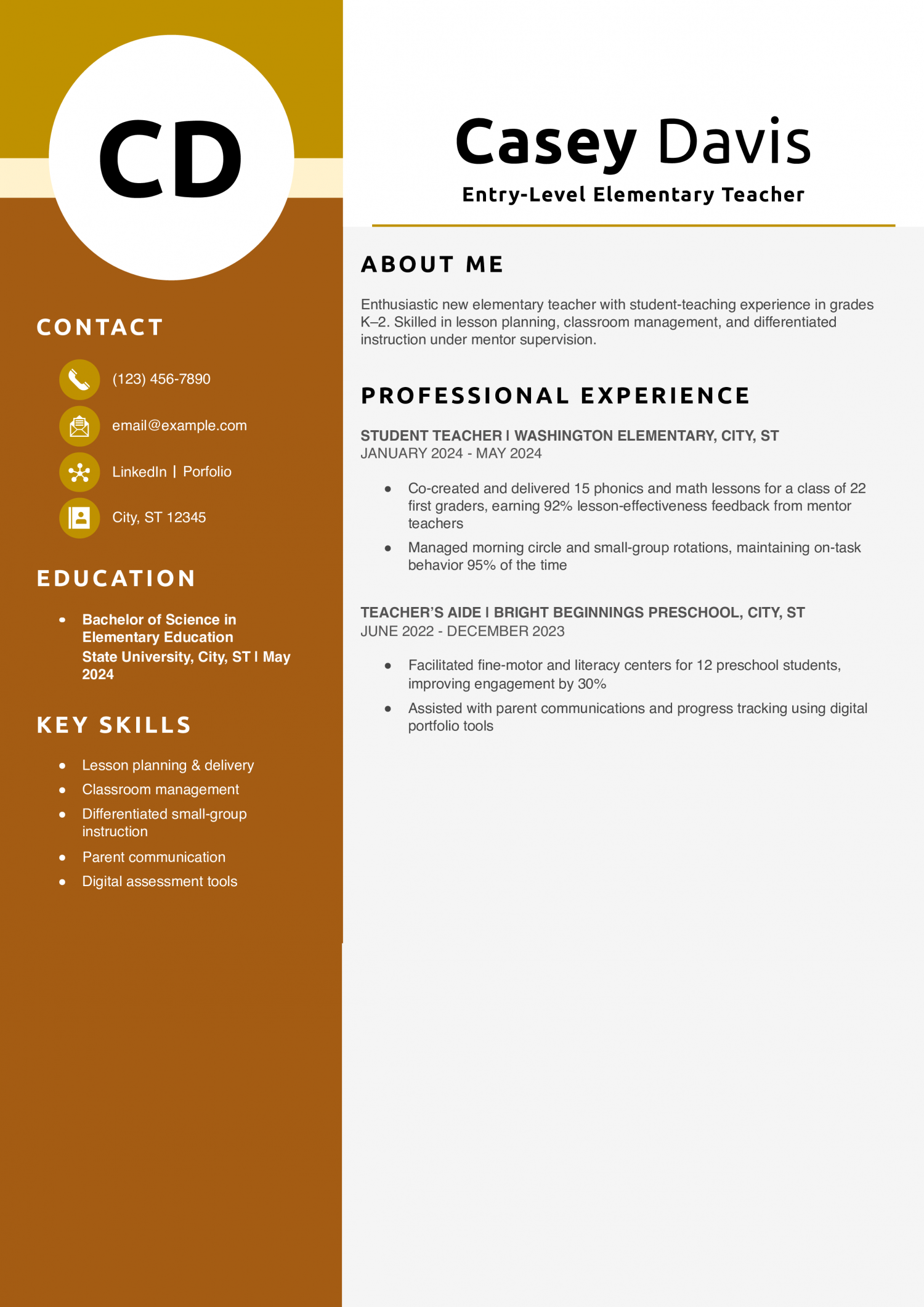 Entry-Level Elementary Teacher Resume Example