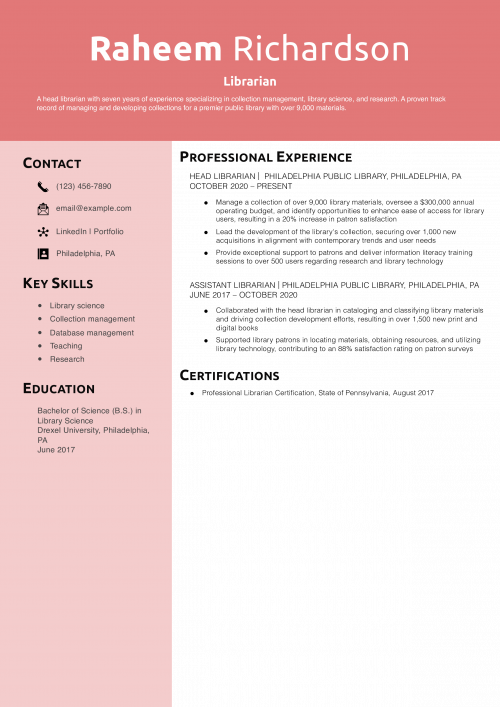 Librarian Resume Example 