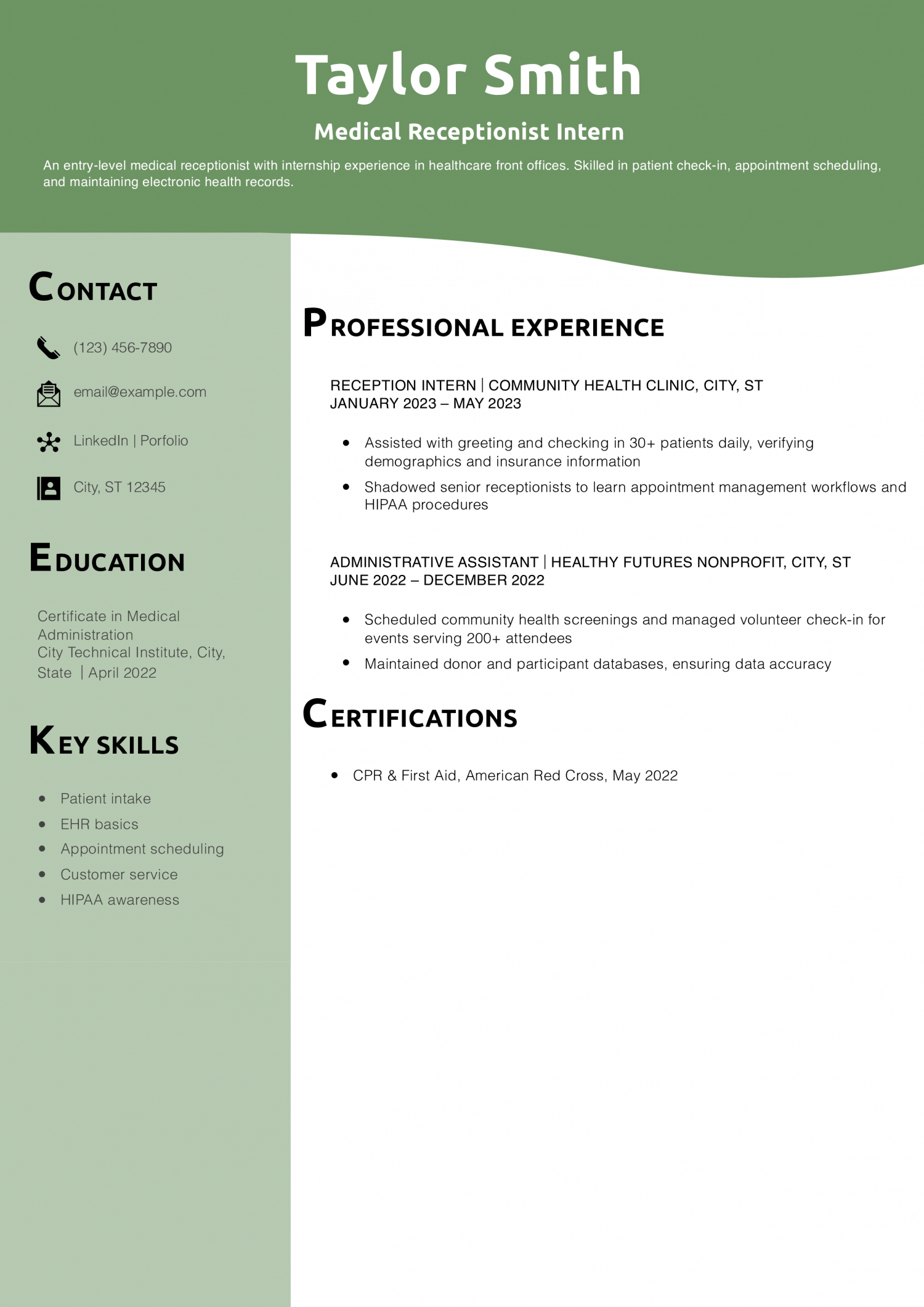 Medical Receptionist Intern Resume Example