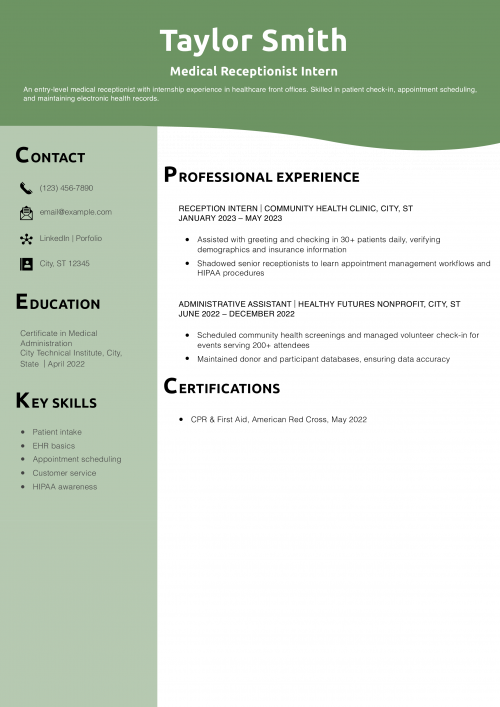 Medical Receptionist Intern Resume Example